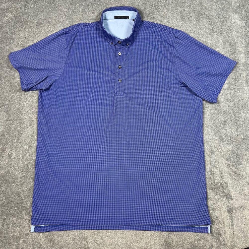 Greyson Golf Polo Shirt Blue Purple Micro Check Button Down Collar Mens XL